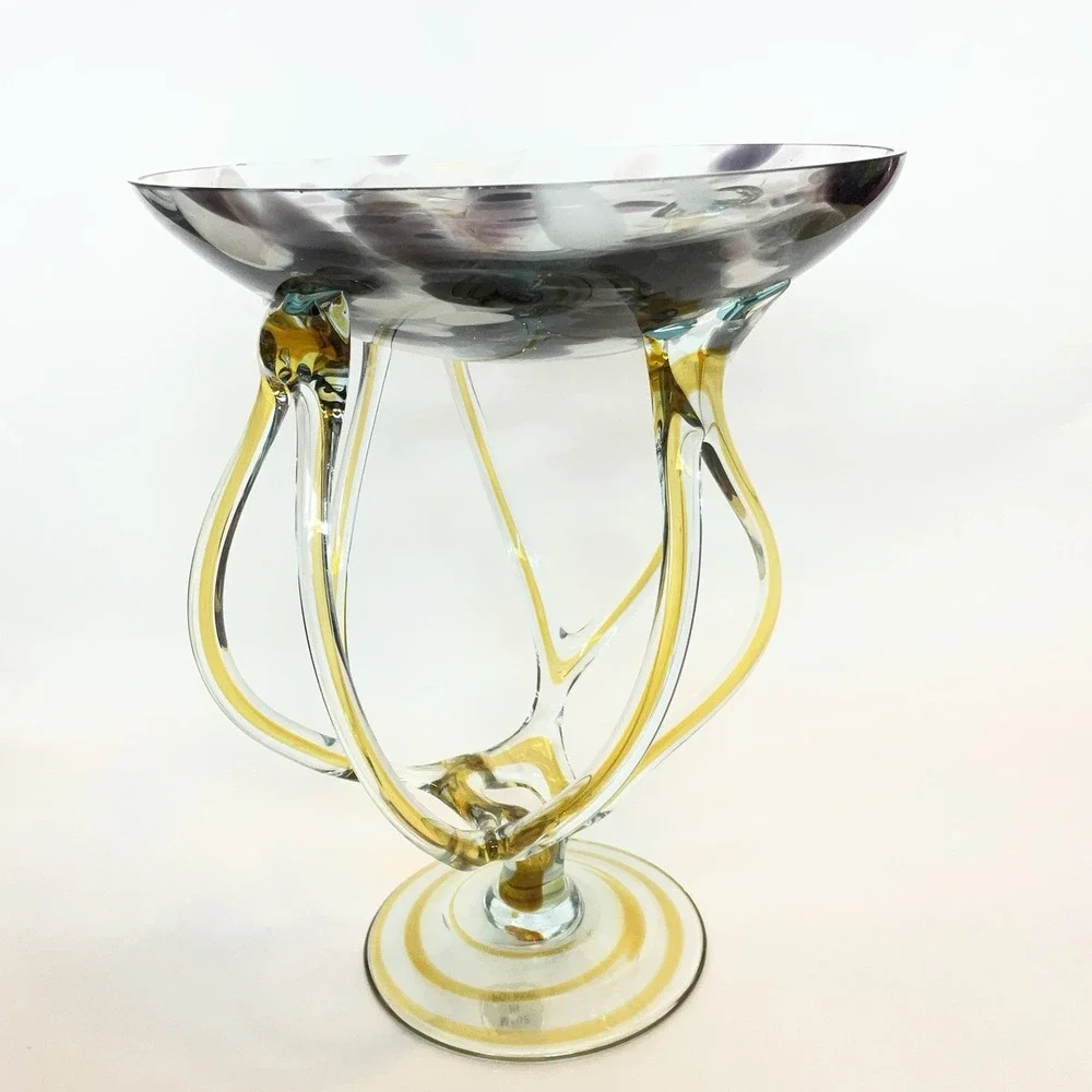Vintage Jozefina Krosno Poland Cobalt Art Glass Jellyfish Pedestal Bowl 9